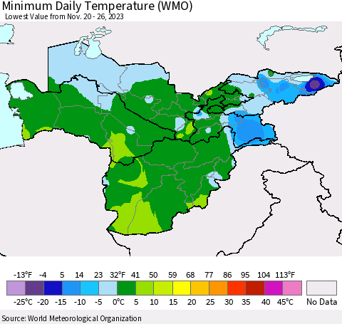 Central Asia Minimum Daily Temperature (WMO) Thematic Map For 11/20/2023 - 11/26/2023