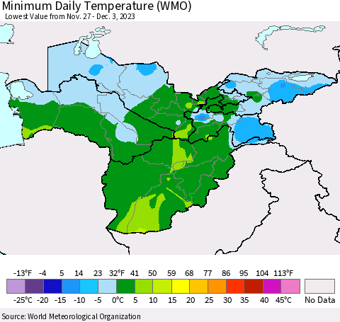 Central Asia Minimum Daily Temperature (WMO) Thematic Map For 11/27/2023 - 12/3/2023