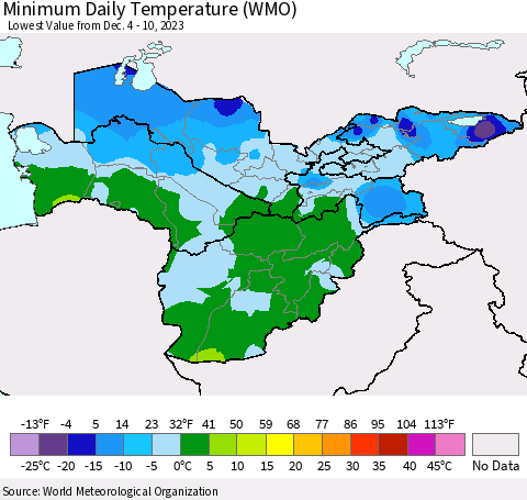 Central Asia Minimum Daily Temperature (WMO) Thematic Map For 12/4/2023 - 12/10/2023