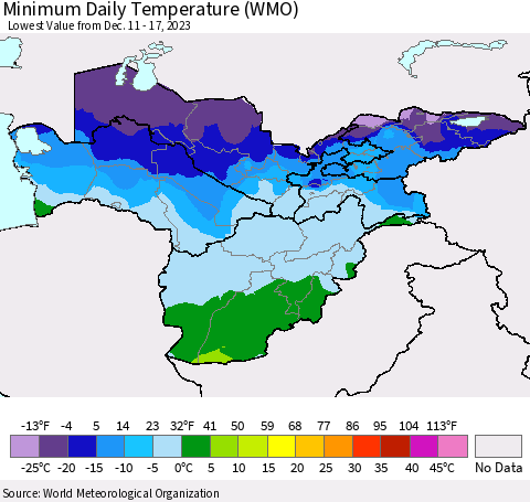 Central Asia Minimum Daily Temperature (WMO) Thematic Map For 12/11/2023 - 12/17/2023