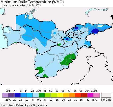 Central Asia Minimum Daily Temperature (WMO) Thematic Map For 12/18/2023 - 12/24/2023