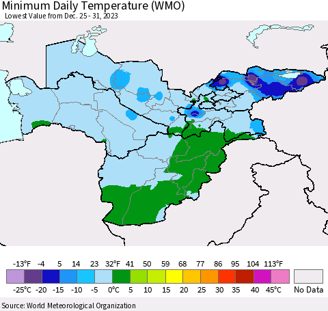 Central Asia Minimum Daily Temperature (WMO) Thematic Map For 12/25/2023 - 12/31/2023