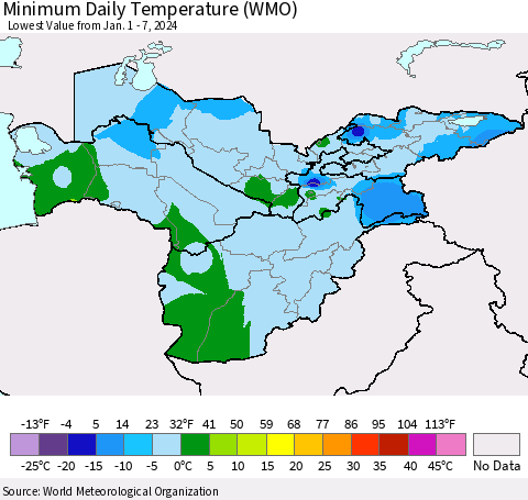Central Asia Minimum Daily Temperature (WMO) Thematic Map For 1/1/2024 - 1/7/2024