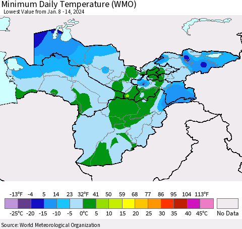 Central Asia Minimum Daily Temperature (WMO) Thematic Map For 1/8/2024 - 1/14/2024