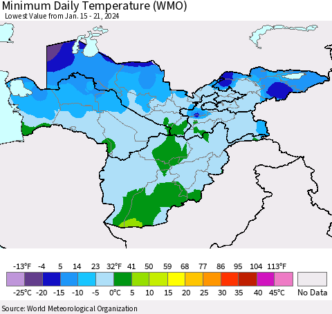 Central Asia Minimum Daily Temperature (WMO) Thematic Map For 1/15/2024 - 1/21/2024