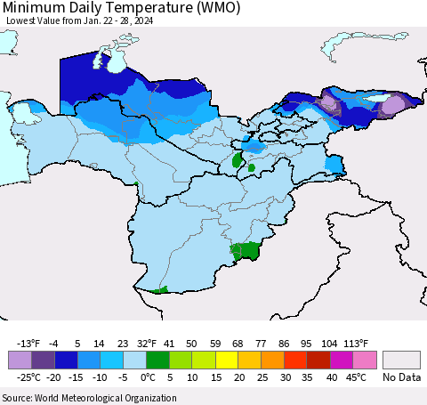 Central Asia Minimum Daily Temperature (WMO) Thematic Map For 1/22/2024 - 1/28/2024