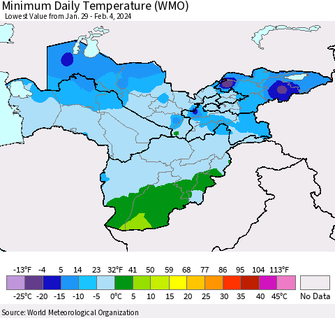 Central Asia Minimum Daily Temperature (WMO) Thematic Map For 1/29/2024 - 2/4/2024