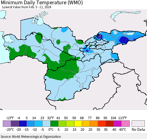 Central Asia Minimum Daily Temperature (WMO) Thematic Map For 2/5/2024 - 2/11/2024