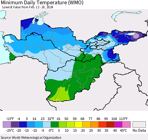 Central Asia Minimum Daily Temperature (WMO) Thematic Map For 2/12/2024 - 2/18/2024