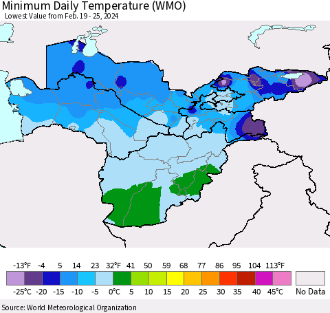 Central Asia Minimum Daily Temperature (WMO) Thematic Map For 2/19/2024 - 2/25/2024