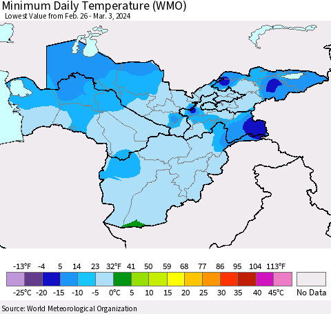 Central Asia Minimum Daily Temperature (WMO) Thematic Map For 2/26/2024 - 3/3/2024
