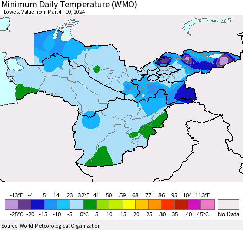 Central Asia Minimum Daily Temperature (WMO) Thematic Map For 3/4/2024 - 3/10/2024
