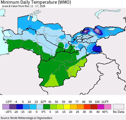 Central Asia Minimum Daily Temperature (WMO) Thematic Map For 3/11/2024 - 3/17/2024