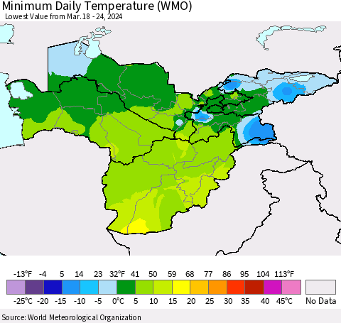 Central Asia Minimum Daily Temperature (WMO) Thematic Map For 3/18/2024 - 3/24/2024