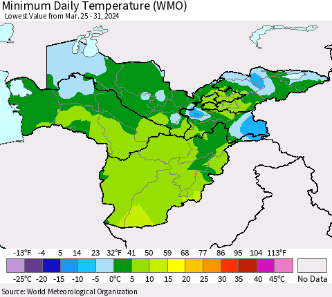 Central Asia Minimum Daily Temperature (WMO) Thematic Map For 3/25/2024 - 3/31/2024