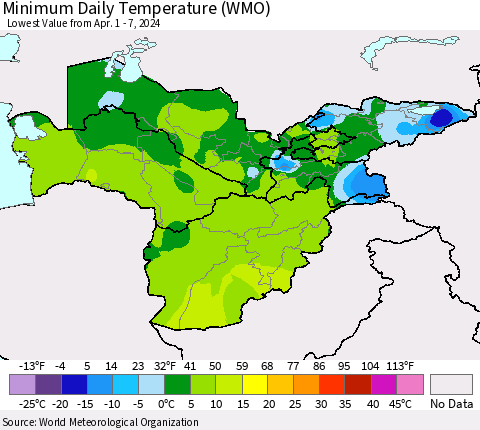 Central Asia Minimum Daily Temperature (WMO) Thematic Map For 4/1/2024 - 4/7/2024
