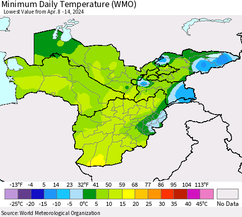 Central Asia Minimum Daily Temperature (WMO) Thematic Map For 4/8/2024 - 4/14/2024