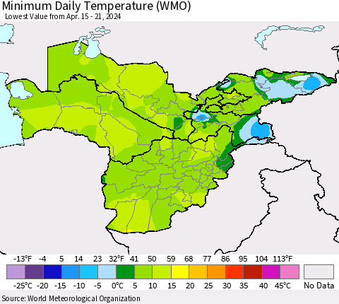 Central Asia Minimum Daily Temperature (WMO) Thematic Map For 4/15/2024 - 4/21/2024