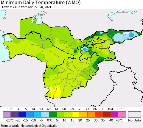 Central Asia Minimum Daily Temperature (WMO) Thematic Map For 4/22/2024 - 4/28/2024