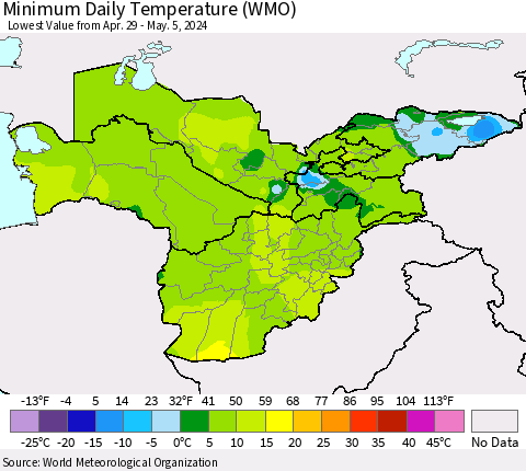 Central Asia Minimum Daily Temperature (WMO) Thematic Map For 4/29/2024 - 5/5/2024