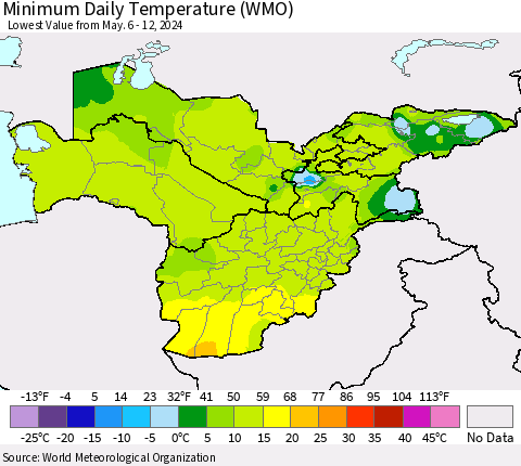 Central Asia Minimum Daily Temperature (WMO) Thematic Map For 5/6/2024 - 5/12/2024