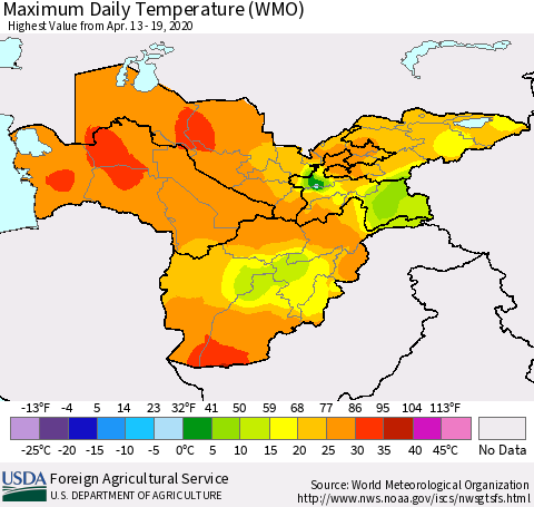 Central Asia Maximum Daily Temperature (WMO) Thematic Map For 4/13/2020 - 4/19/2020