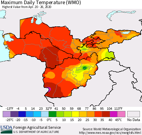 Central Asia Maximum Daily Temperature (WMO) Thematic Map For 4/20/2020 - 4/26/2020