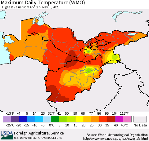 Central Asia Maximum Daily Temperature (WMO) Thematic Map For 4/27/2020 - 5/3/2020
