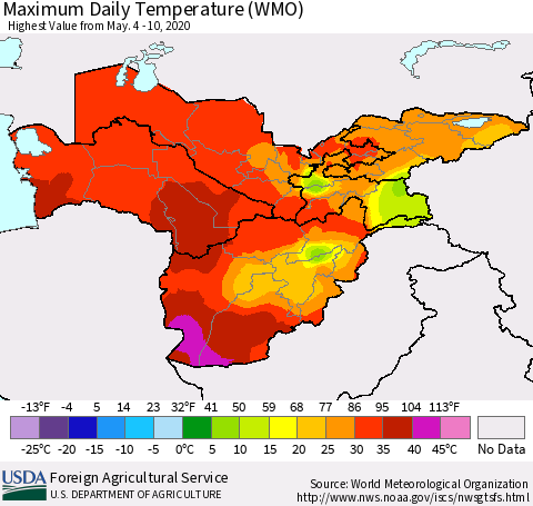Central Asia Maximum Daily Temperature (WMO) Thematic Map For 5/4/2020 - 5/10/2020