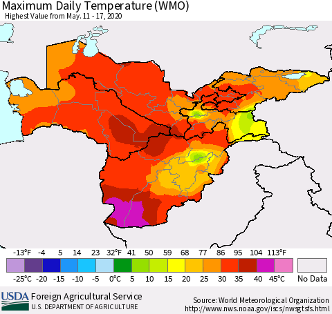 Central Asia Maximum Daily Temperature (WMO) Thematic Map For 5/11/2020 - 5/17/2020
