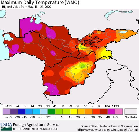 Central Asia Maximum Daily Temperature (WMO) Thematic Map For 5/18/2020 - 5/24/2020