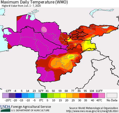 Central Asia Maximum Daily Temperature (WMO) Thematic Map For 6/1/2020 - 6/7/2020