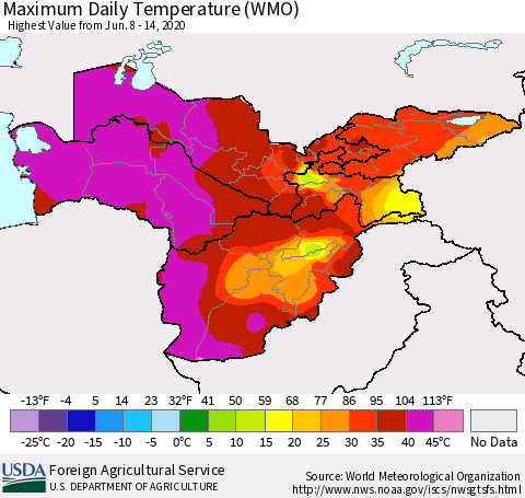 Central Asia Maximum Daily Temperature (WMO) Thematic Map For 6/8/2020 - 6/14/2020