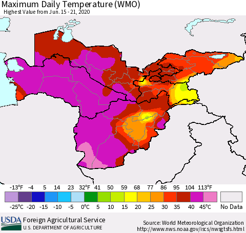 Central Asia Maximum Daily Temperature (WMO) Thematic Map For 6/15/2020 - 6/21/2020