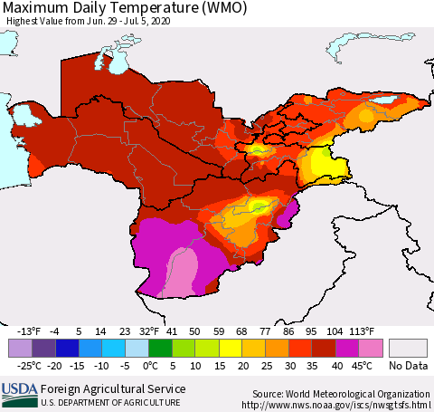 Central Asia Maximum Daily Temperature (WMO) Thematic Map For 6/29/2020 - 7/5/2020