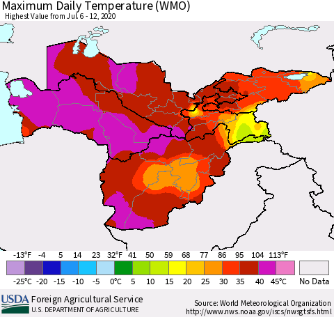 Central Asia Maximum Daily Temperature (WMO) Thematic Map For 7/6/2020 - 7/12/2020