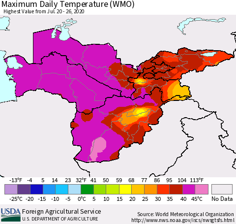 Central Asia Maximum Daily Temperature (WMO) Thematic Map For 7/20/2020 - 7/26/2020