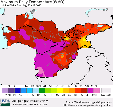 Central Asia Maximum Daily Temperature (WMO) Thematic Map For 8/17/2020 - 8/23/2020