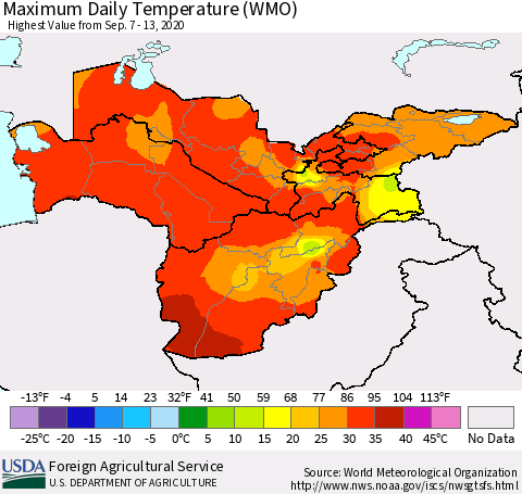 Central Asia Maximum Daily Temperature (WMO) Thematic Map For 9/7/2020 - 9/13/2020
