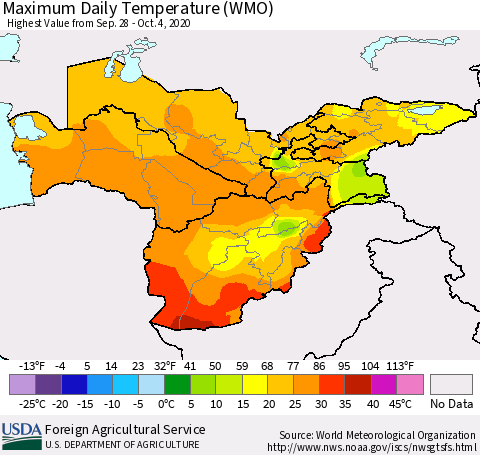Central Asia Maximum Daily Temperature (WMO) Thematic Map For 9/28/2020 - 10/4/2020