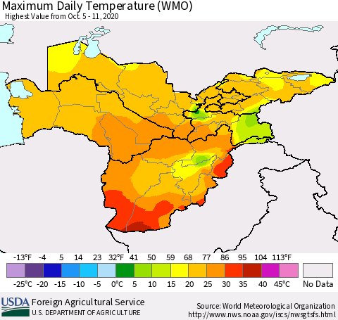 Central Asia Maximum Daily Temperature (WMO) Thematic Map For 10/5/2020 - 10/11/2020