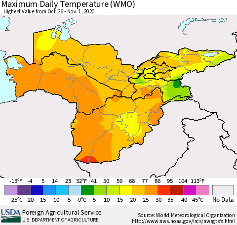 Central Asia Maximum Daily Temperature (WMO) Thematic Map For 10/26/2020 - 11/1/2020