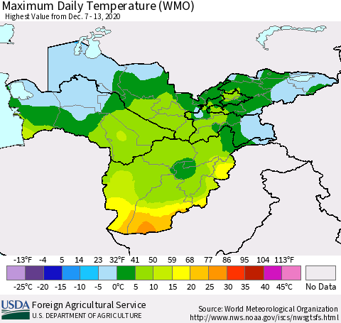 Central Asia Maximum Daily Temperature (WMO) Thematic Map For 12/7/2020 - 12/13/2020