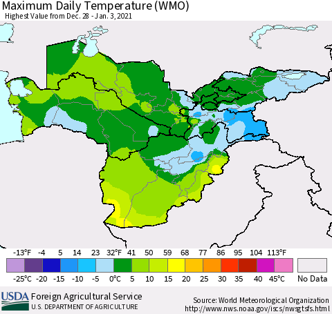 Central Asia Maximum Daily Temperature (WMO) Thematic Map For 12/28/2020 - 1/3/2021
