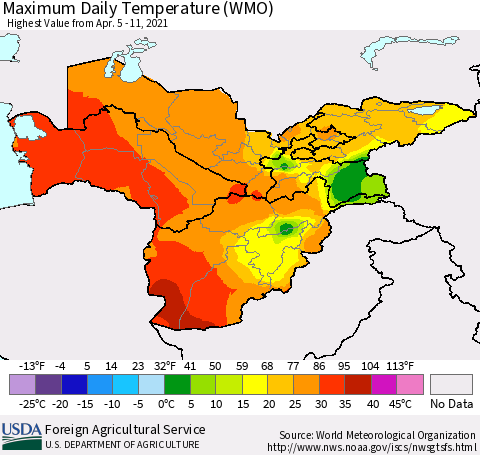 Central Asia Maximum Daily Temperature (WMO) Thematic Map For 4/5/2021 - 4/11/2021