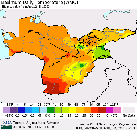 Central Asia Maximum Daily Temperature (WMO) Thematic Map For 4/12/2021 - 4/18/2021