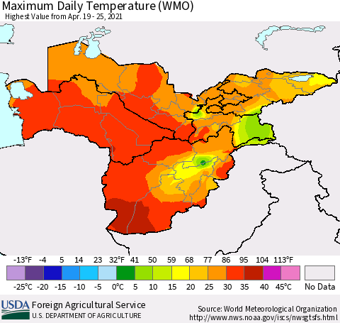 Central Asia Maximum Daily Temperature (WMO) Thematic Map For 4/19/2021 - 4/25/2021