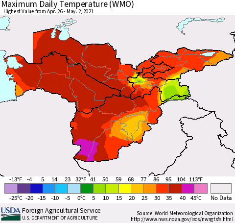 Central Asia Maximum Daily Temperature (WMO) Thematic Map For 4/26/2021 - 5/2/2021