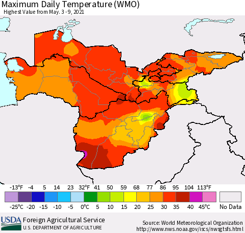 Central Asia Maximum Daily Temperature (WMO) Thematic Map For 5/3/2021 - 5/9/2021