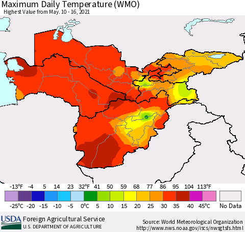 Central Asia Maximum Daily Temperature (WMO) Thematic Map For 5/10/2021 - 5/16/2021